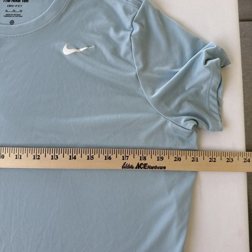 The Nike Tee Shirt XL Women's Powder BlueDri-Fit White Swoosh Gym Sports Workout